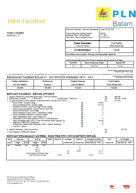 Indonesia PLN Batam utility bill template in Word and PDF formats